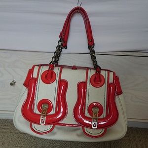 Fendi Red Patent Leather White Canvas "B" Bag